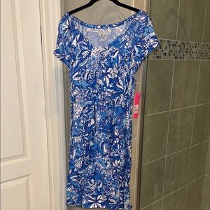 Lilly Pulitzer Kawai FlutterSleeve Dress Blue Tang Flocking Fabulous Size XL NWT